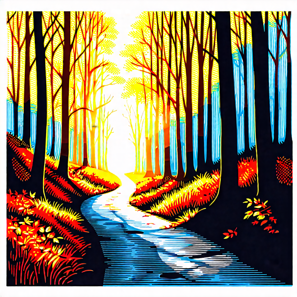 Nature Linocut Print: Path Through Autumn Woodland With Colorful Painting