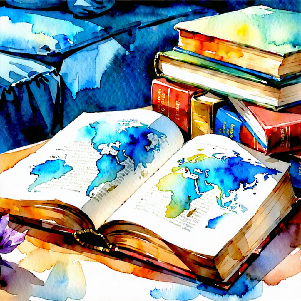 Lifestyle Watercolor Painting: Book Club With Community Group With Table Stack