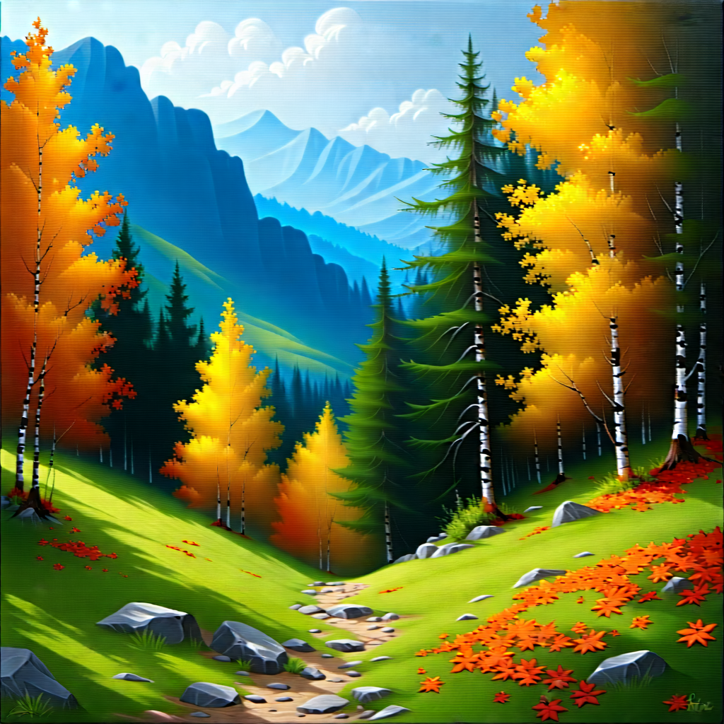Lifestyle Oil Painting: Autumn Hike During Spring With Beautiful Mountain