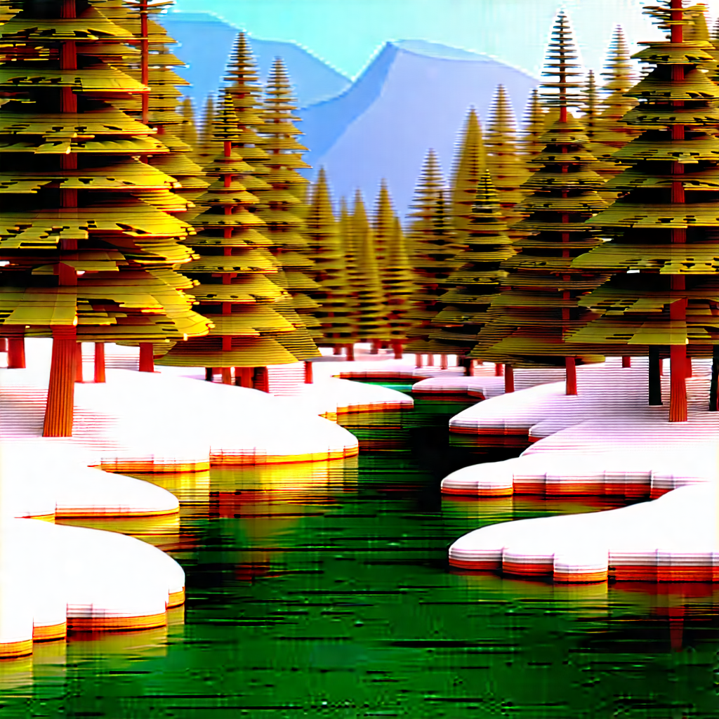 Nature 3d Render: Rushing River Surrounded By Snow-covered (trees:1.24) With Image, There