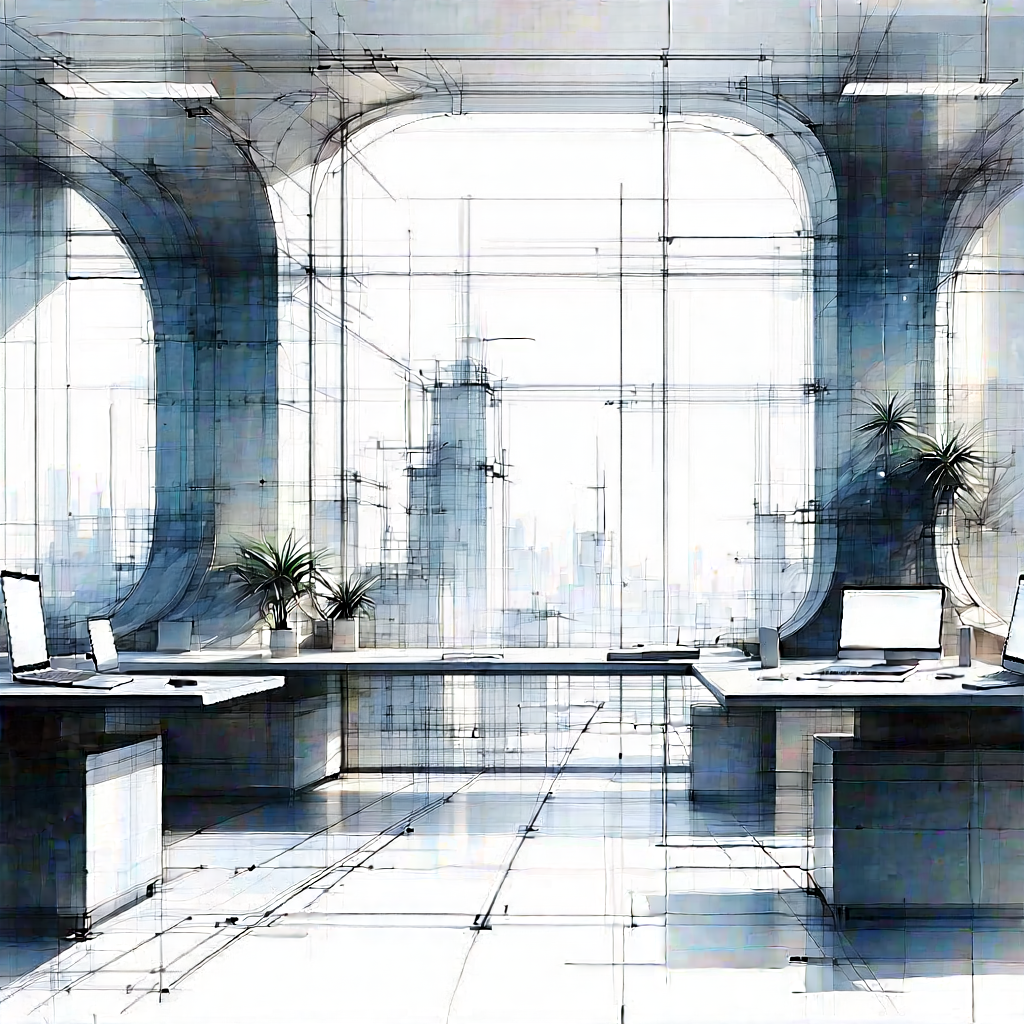 Tech Pencil Sketch: Futuristic Tech Startup Office With Drawing Large
