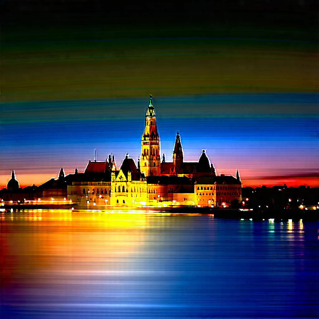Urban Oil Painting: Cityscape Of Historic City Center During Night With Beautiful Cityscape