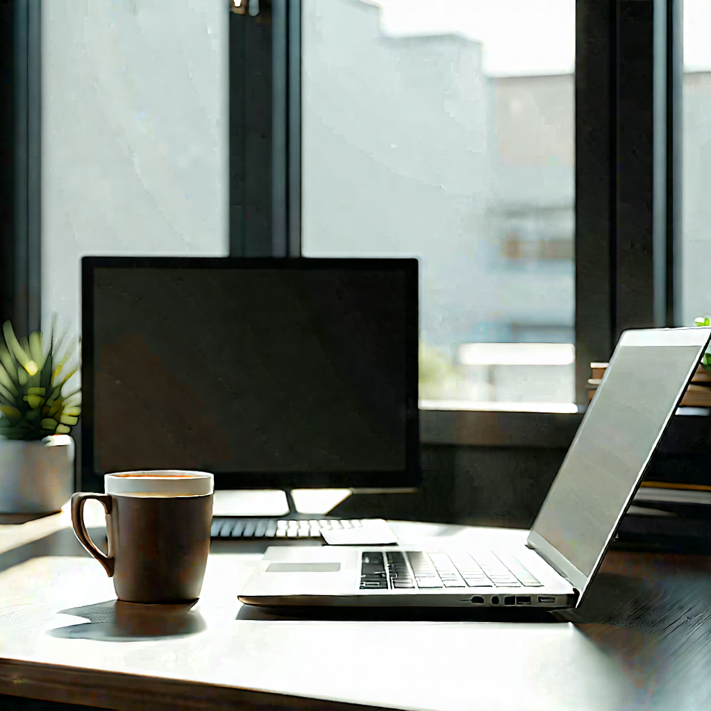 Business Lithograph: Workplace with laptop and coffee on desk