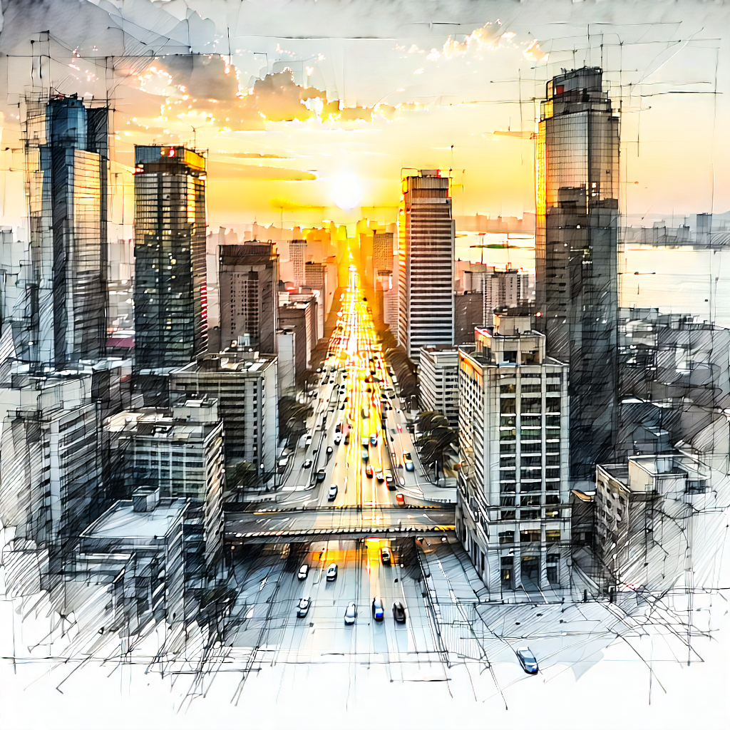 Urban Pencil Sketch: Cityscape Of Downtown District During Sunset With Cityscape Depicted