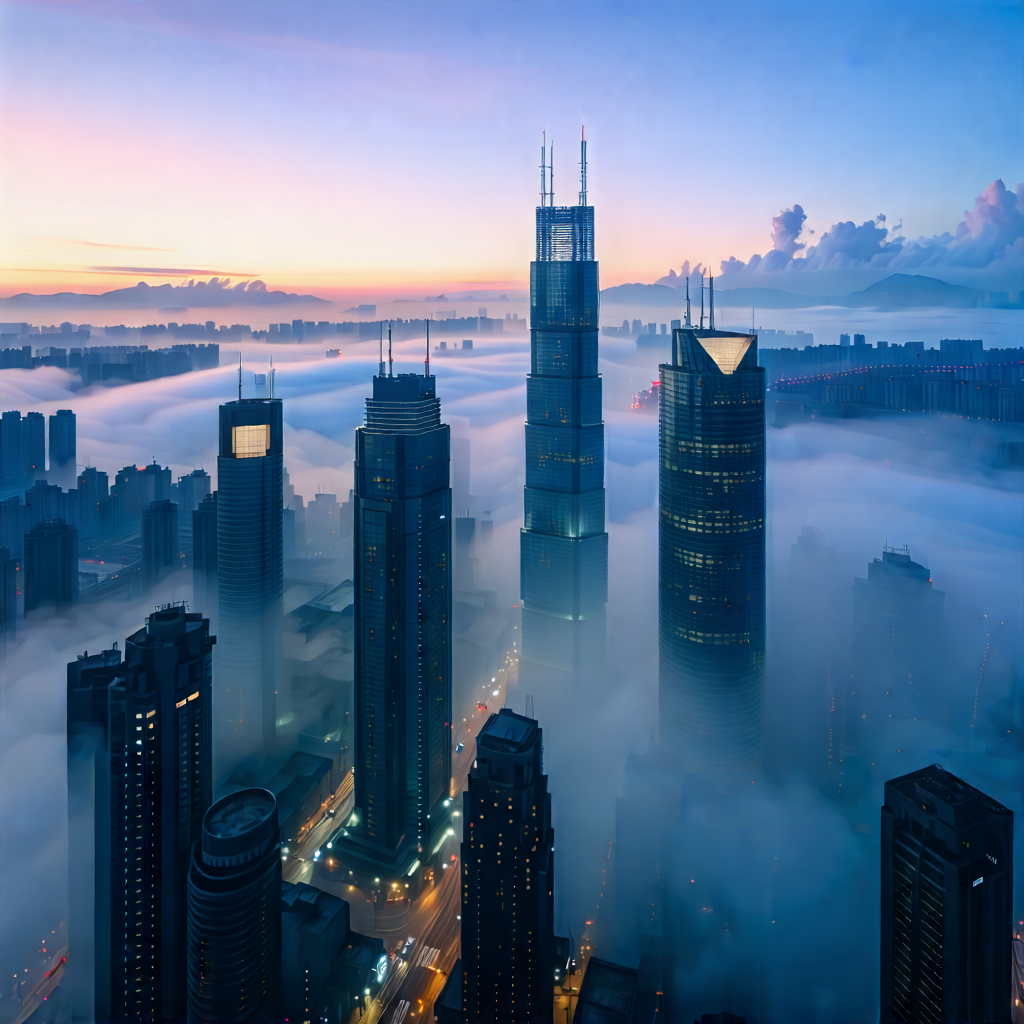 Urban Editorial Photography: Cityscape Of (modern:1.21) Metropolis During Foggy Morning With Panoramic View