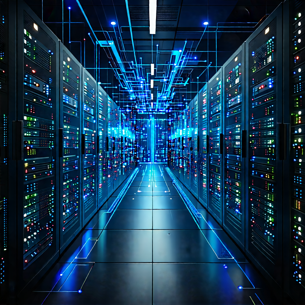 Tech Abstract Design: Server Rack With Data Streams With Image, There