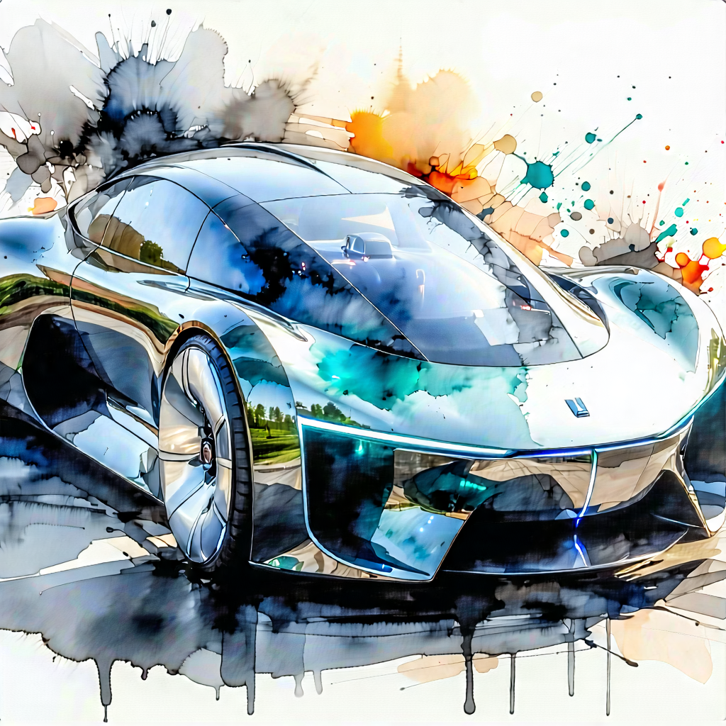 Tech Watercolor Painting: Innovative Electric Vehicle Design With Painting Futuristic