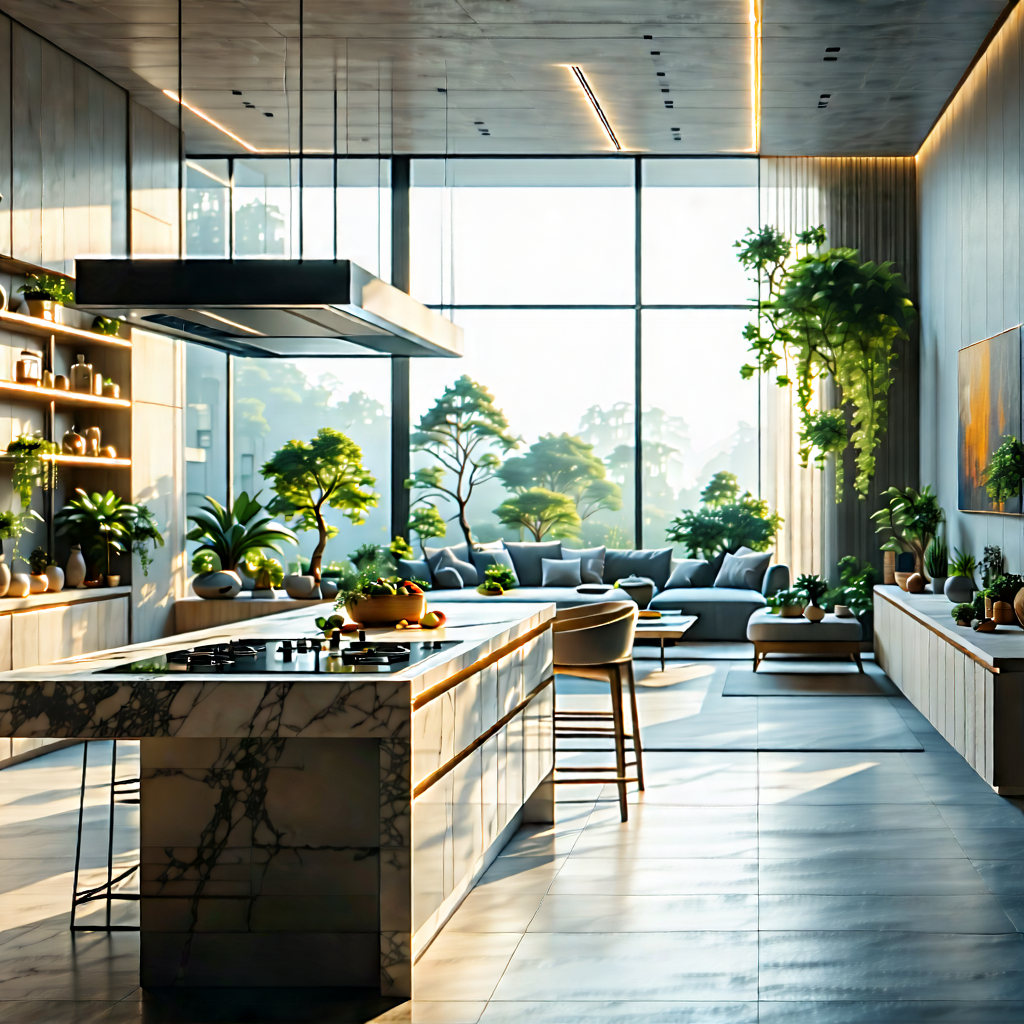 Lifestyle Aerial Photography: (modern:1.5) Kitchen With Comfortable Textiles With Showcases Large,