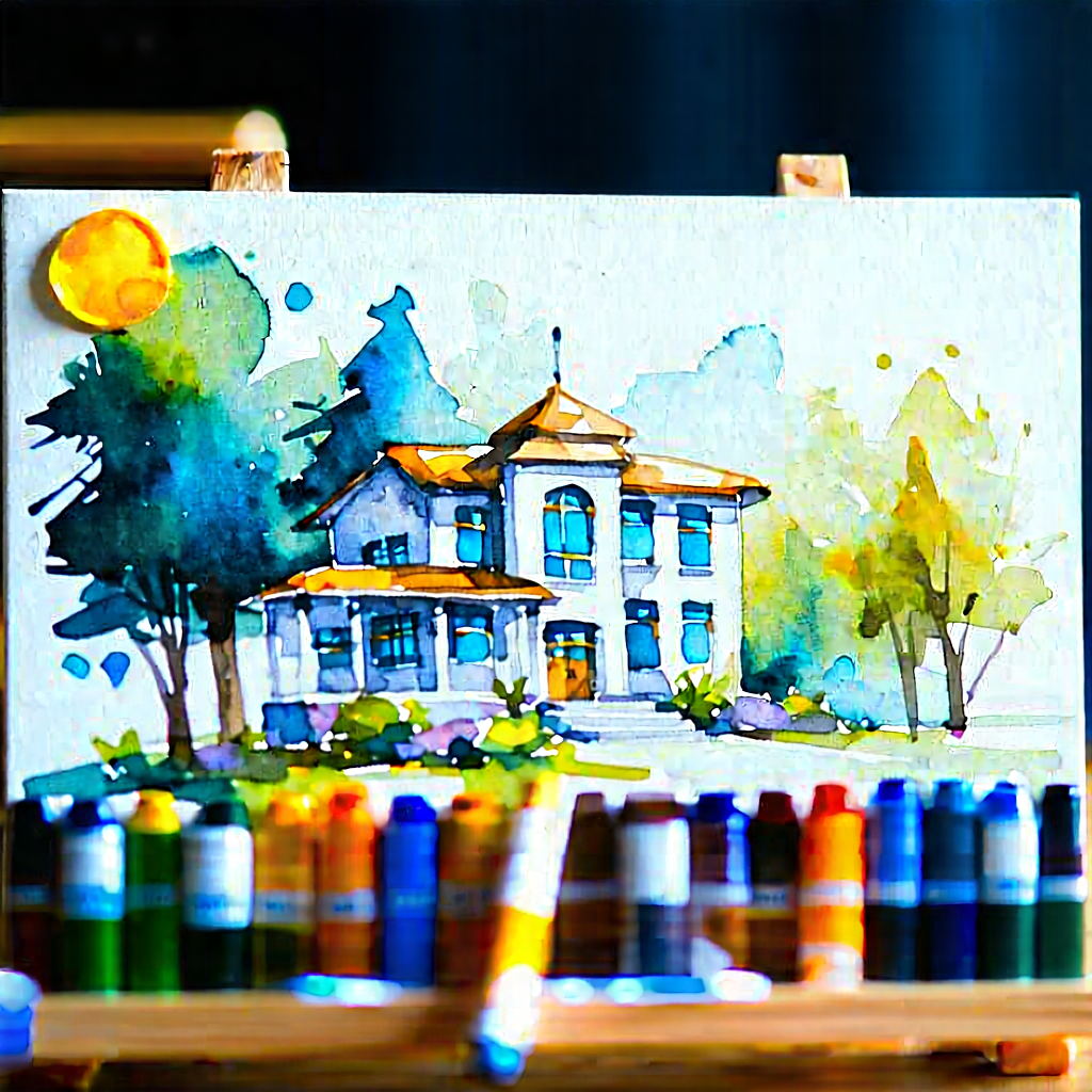 Tech Watercolor Painting: Educational Technology In Research Center With Painting House