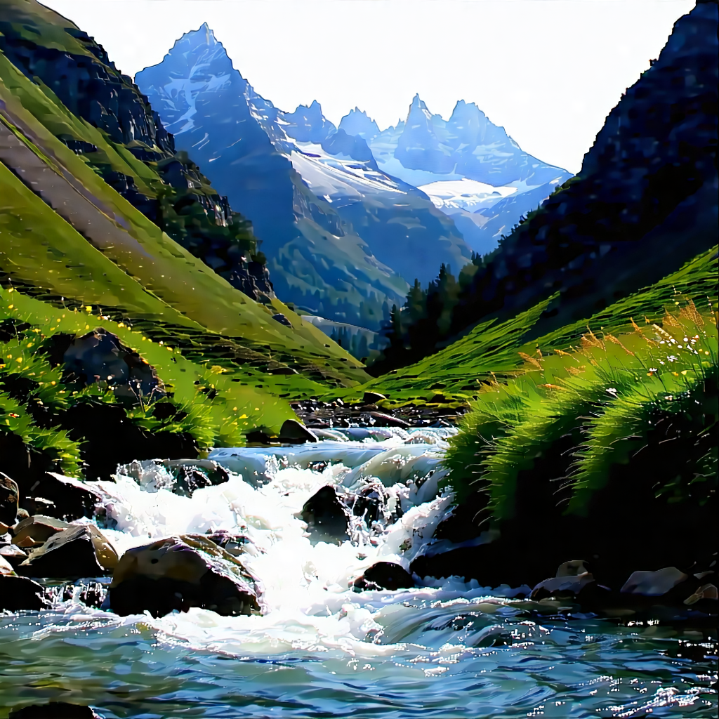 Nature Landscape Photography: Mountain Stream Surrounded By (mountain:1.41) Peaks With Beautiful Mountain