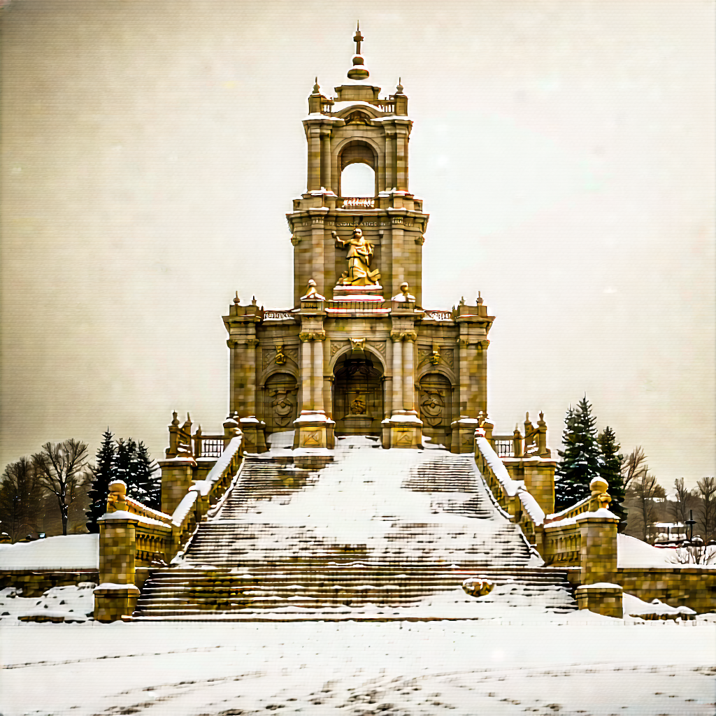 Urban Etching: Historic Monument With (snow:1.44) Covering With Large, Ornate