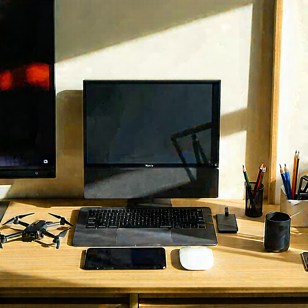 Lifestyle Drone Photography: Home Office With Minimalist Decor With Wooden Desk