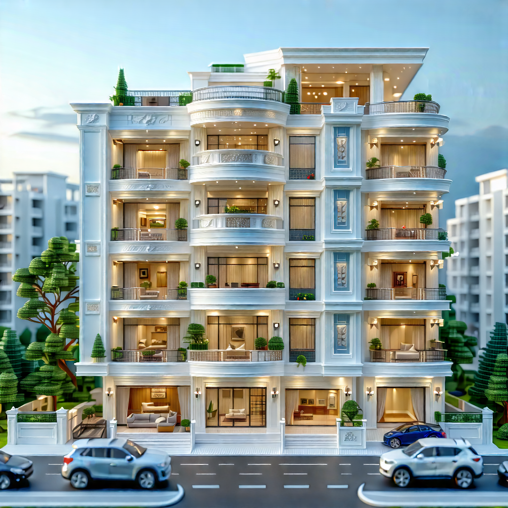 Urban Tilt-shift Photography: Modern Apartment Complex With Ornate Details With White Building