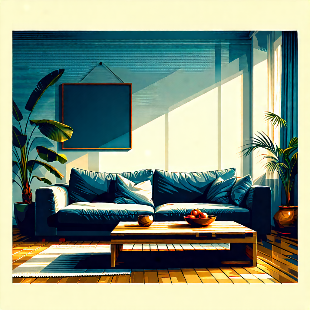 Lifestyle Woodcut Print: Cozy Living Room With Minimalist Decor With Painting Living