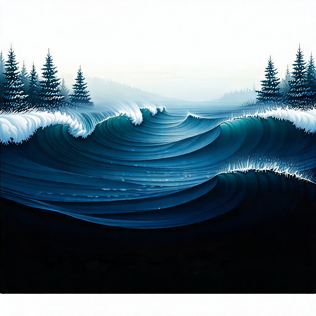 Nature Flat Design: Ocean Waves Surrounded By (snow:1.46)-covered Trees With Painting Large