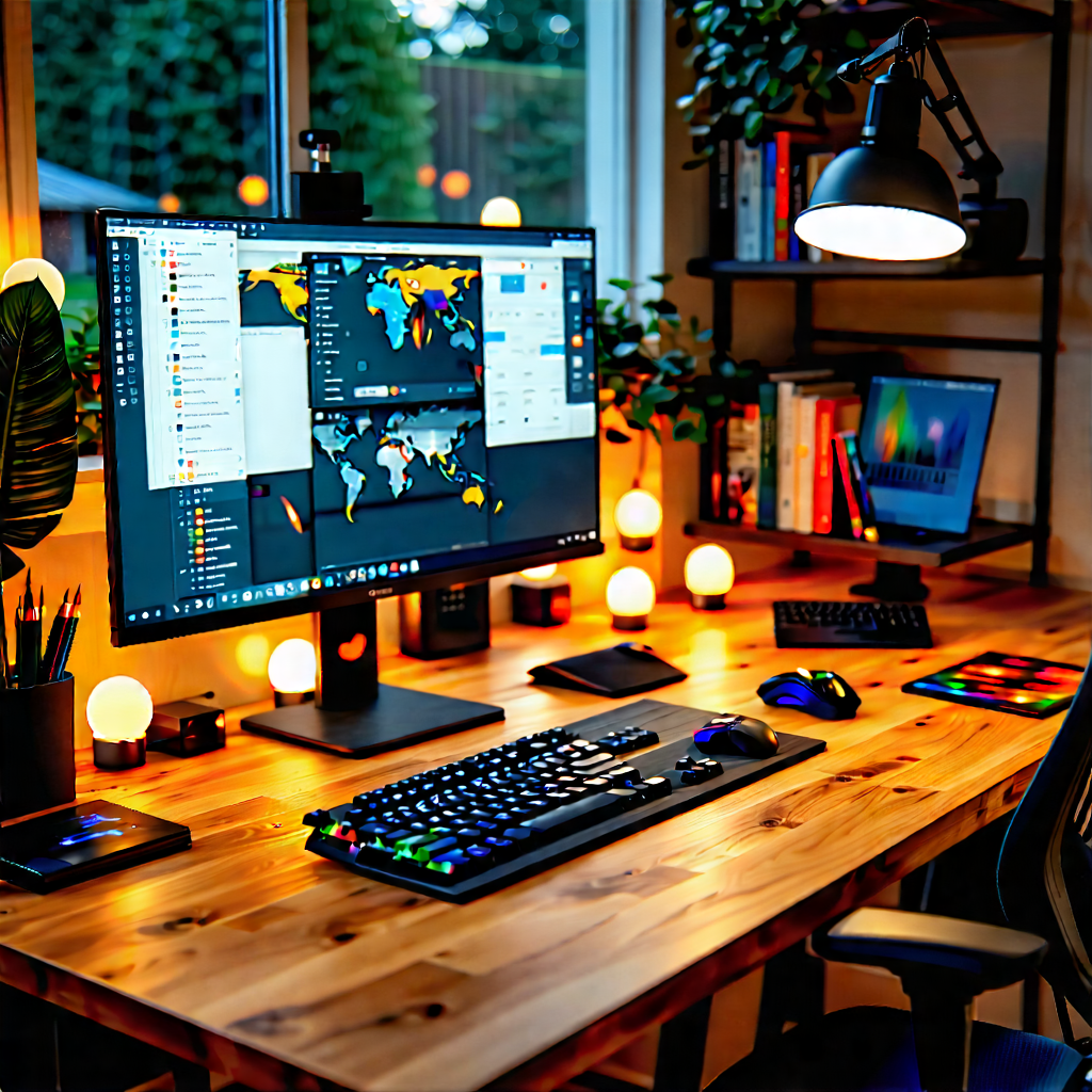 Lifestyle Aerial Photography: Home office with warm (lighting:1.41)