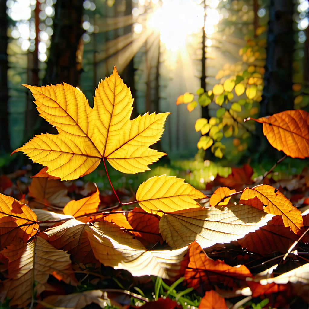 Nature Product Photography: Autumn Leaves In Sunlit Clearing With Beautiful Autumn