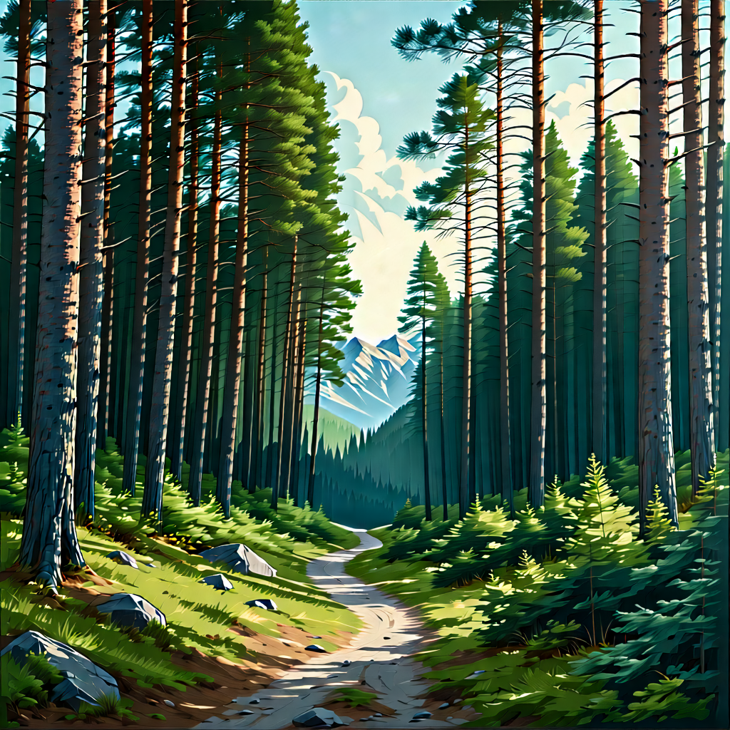Nature Flat Design: Path Through Pine (forest:1.24) With Scenic Forest