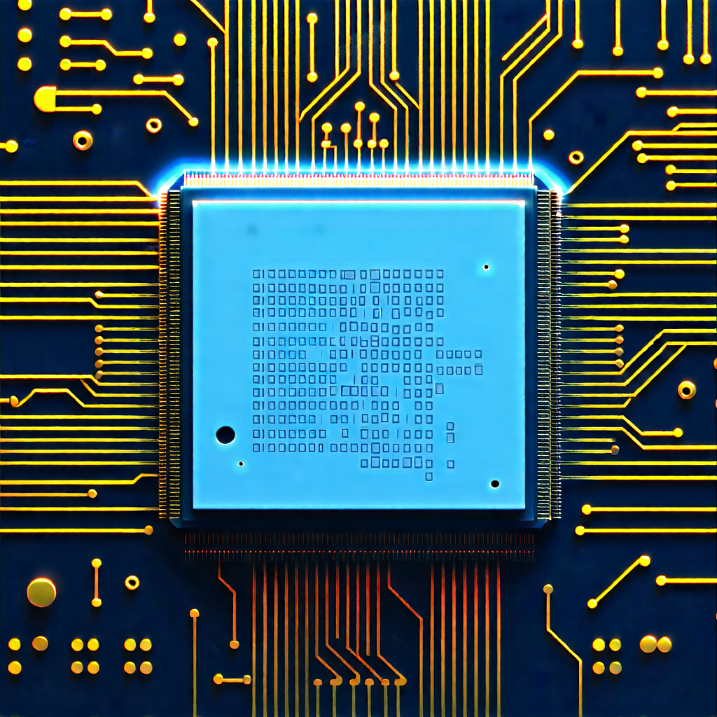 Tech Professional Photography: Microchip with data streams