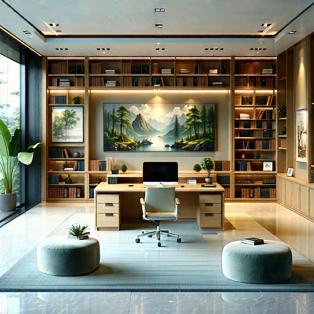 Lifestyle Aerial Photography: Home Office With Organized Space With Large Office