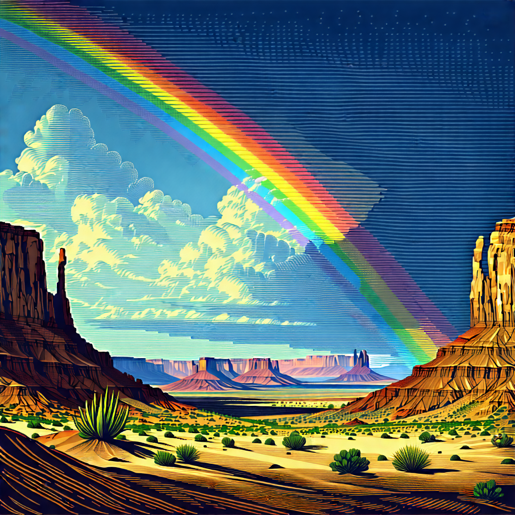 Nature Woodcut Print: Rainbow Over Desert With Painting Rainbow