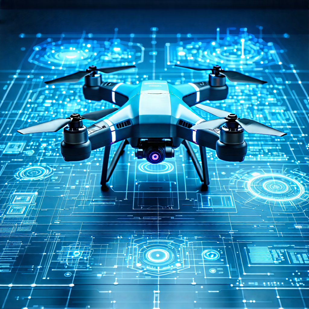 Tech Blueprint Style: Drone With User Interface With Blue Drone