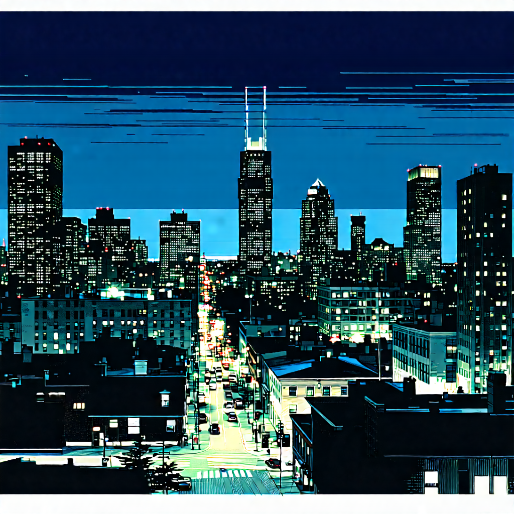 Urban Woodcut Print: Cityscape of downtown district during night