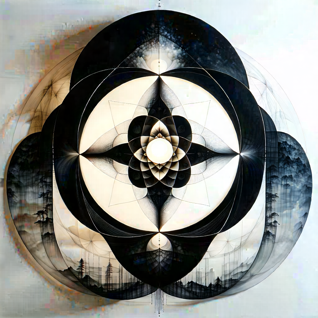 Abstract Sumi-E Painting: Sacred geometry with translucent layers
