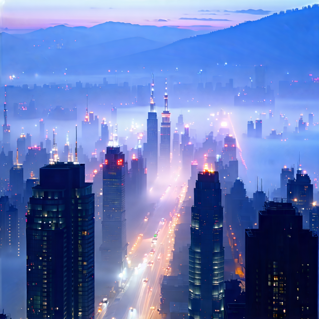 Urban Matte Painting: Cityscape Of Modern Metropolis During Foggy Morning With Cityscape Captured