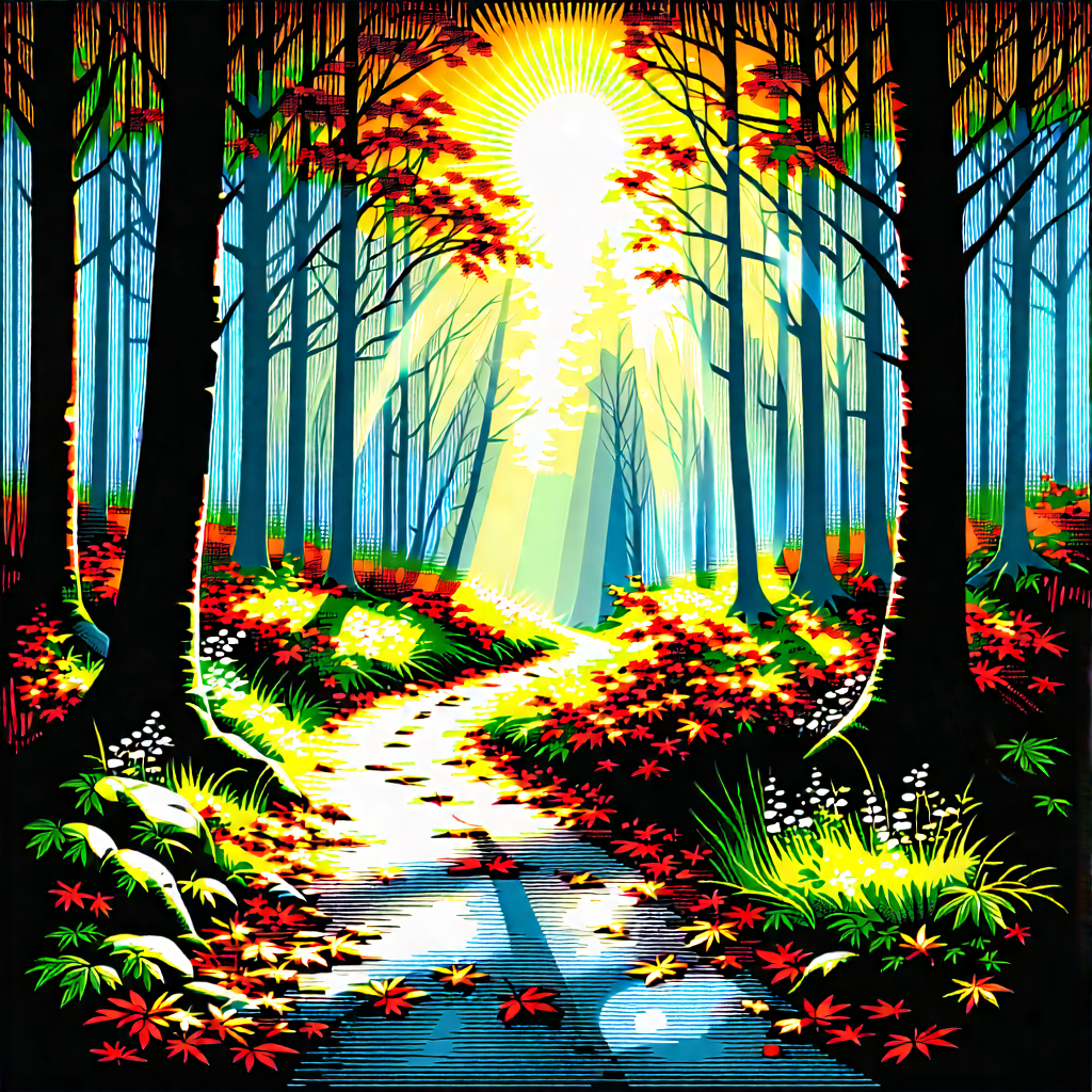 Nature Woodcut Print: Path Through Autumn Woodland With Beautiful Forest