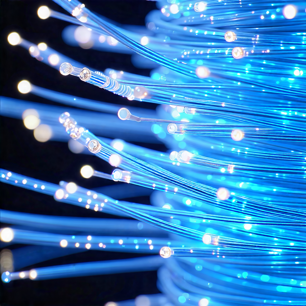 Tech Professional Photography: Close-up Of Fiber Optic Cables With Blue Light