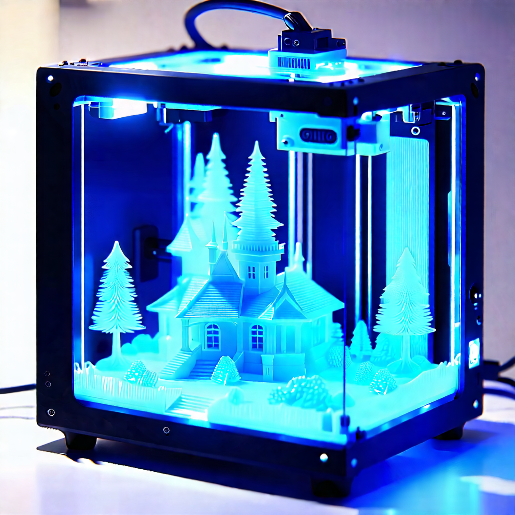 Tech Landscape Photography: 3d printer with blue light glow