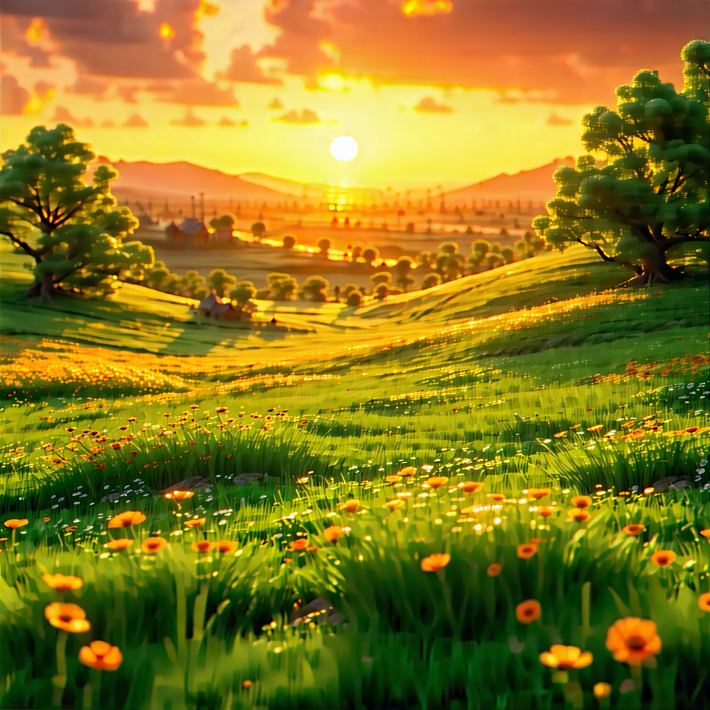 Nature Blender Artwork: Meadow During (sunset:1.2) With Beautiful Sunset