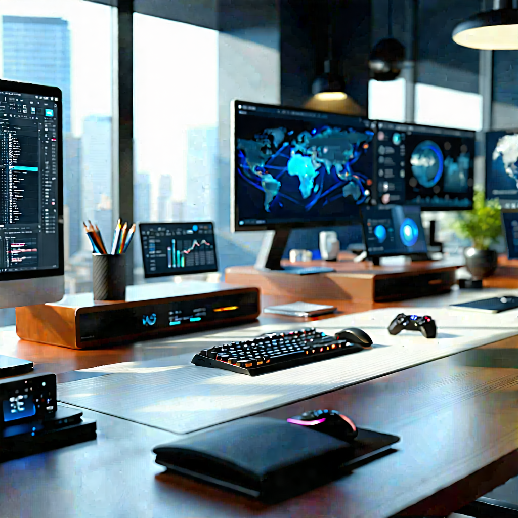 Business 3D Render: Workplace with (digital:1.3) devices on desk