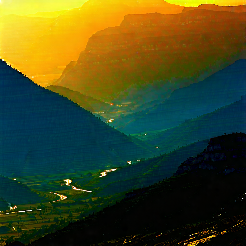 Nature Etching: Mountain Range During Golden Hour With Beautiful Mountain