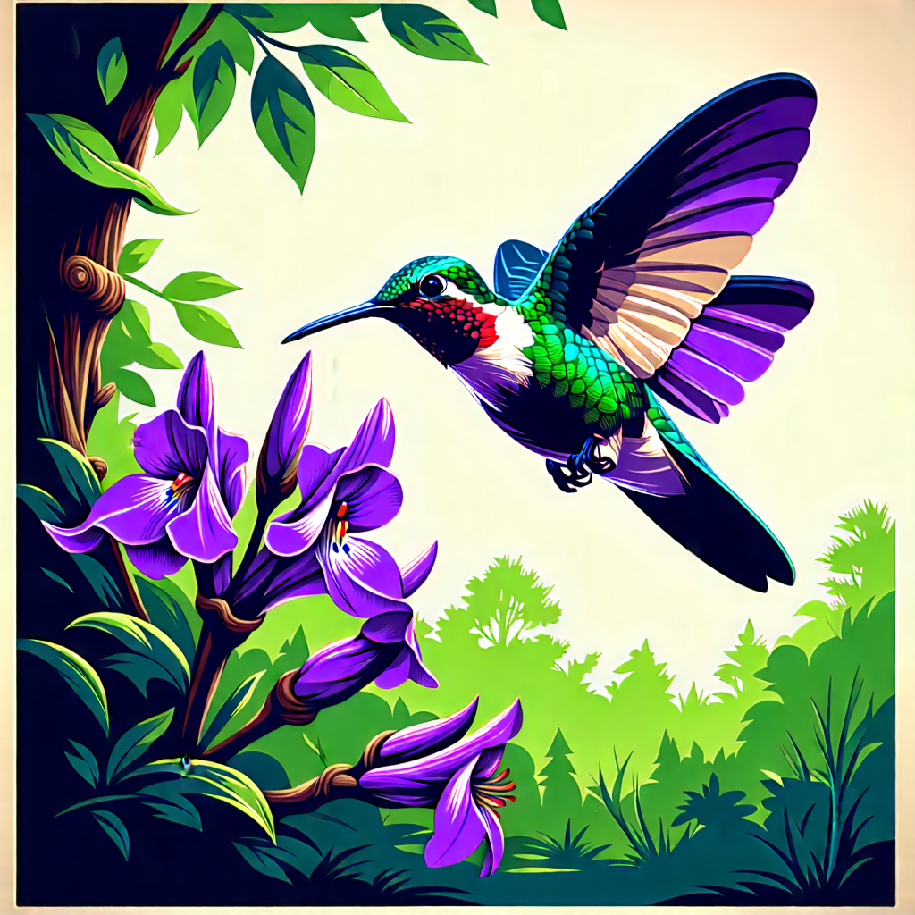 Nature Woodcut Print: Hummingbird In Natural Habitat With Colorful Hummingbird