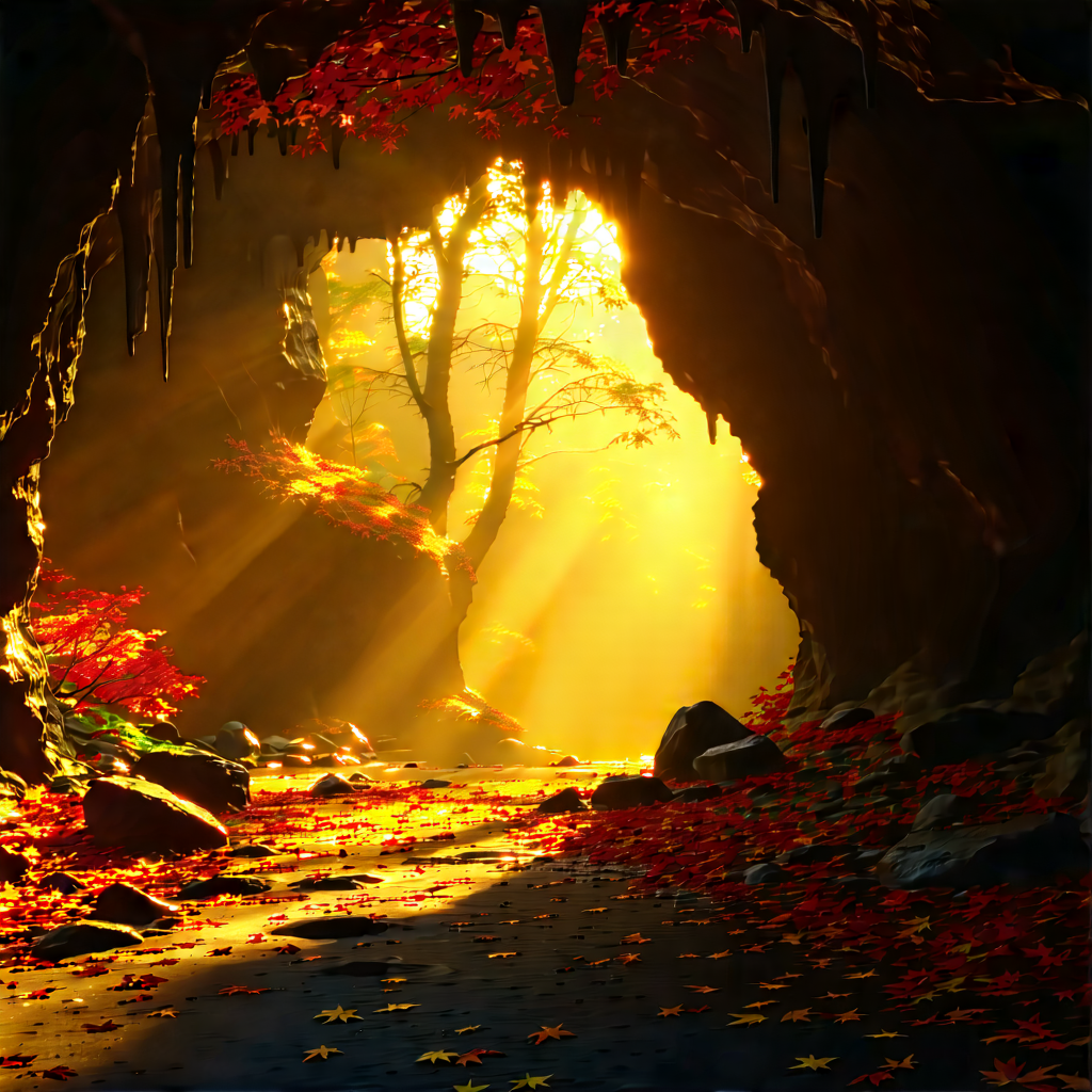 Nature Professional Photography: Cave Entrance In Autumn Colors With Beautiful Forest