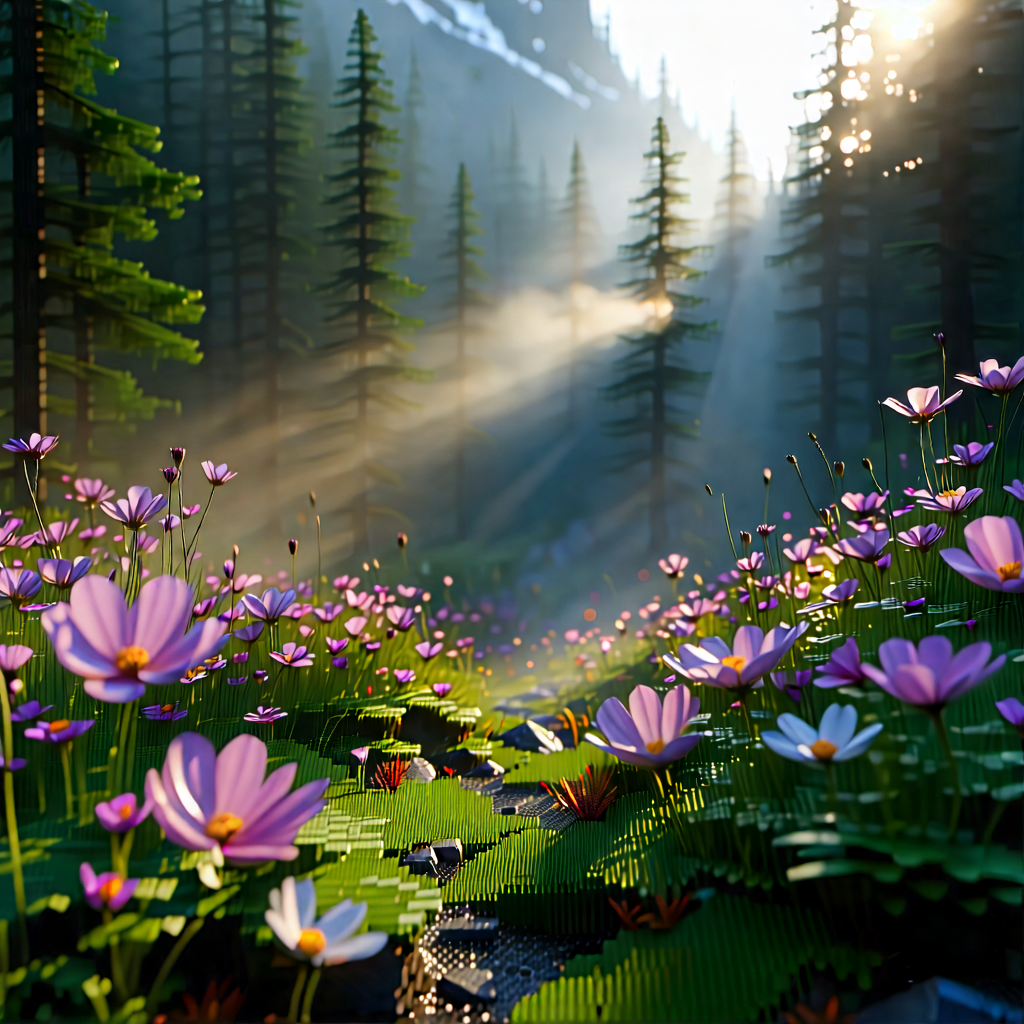 Nature Voxel Art: Wildflowers In Misty Environment With Computer-generated (cgi)
