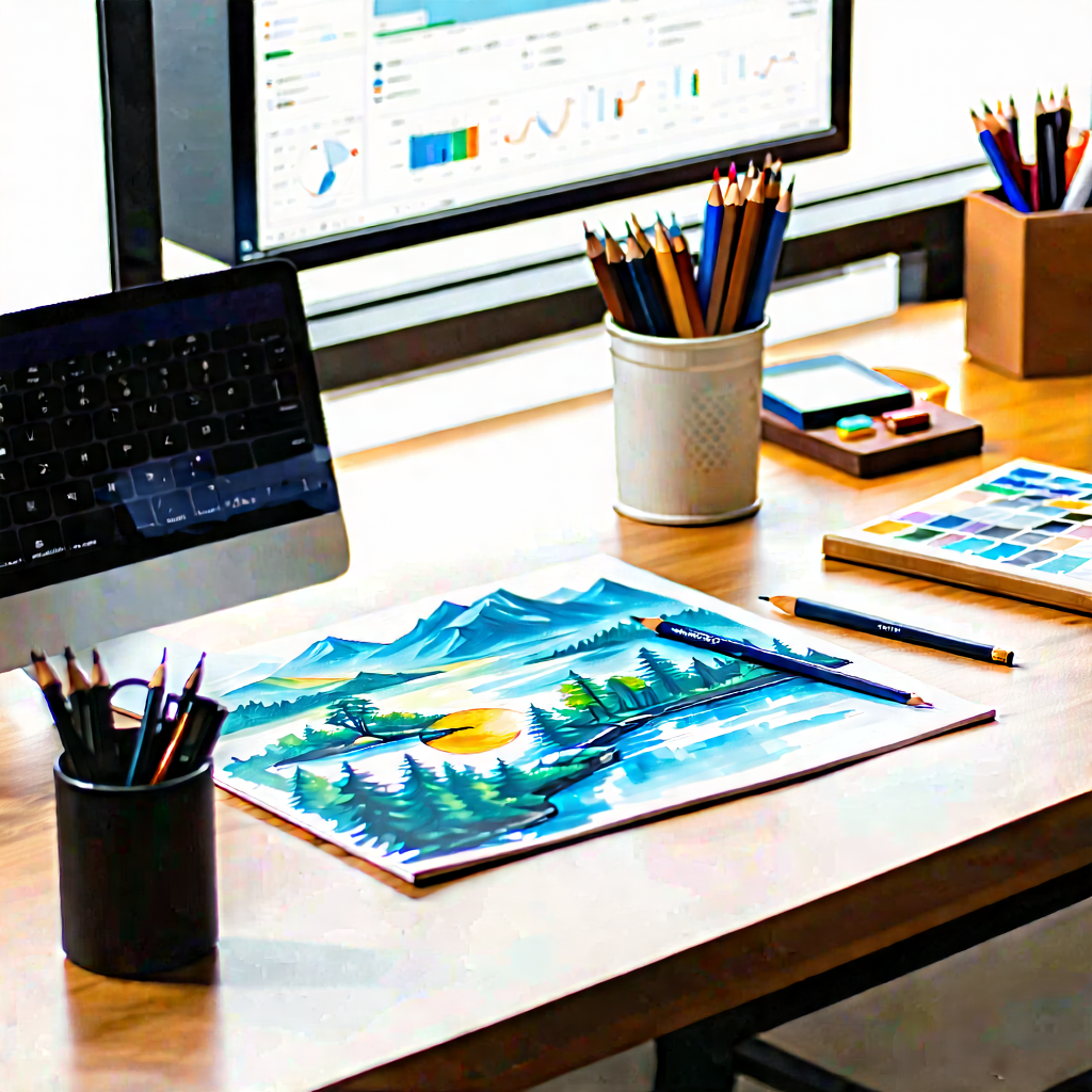 Business Gouache Painting: Workplace with productivity tools on desk