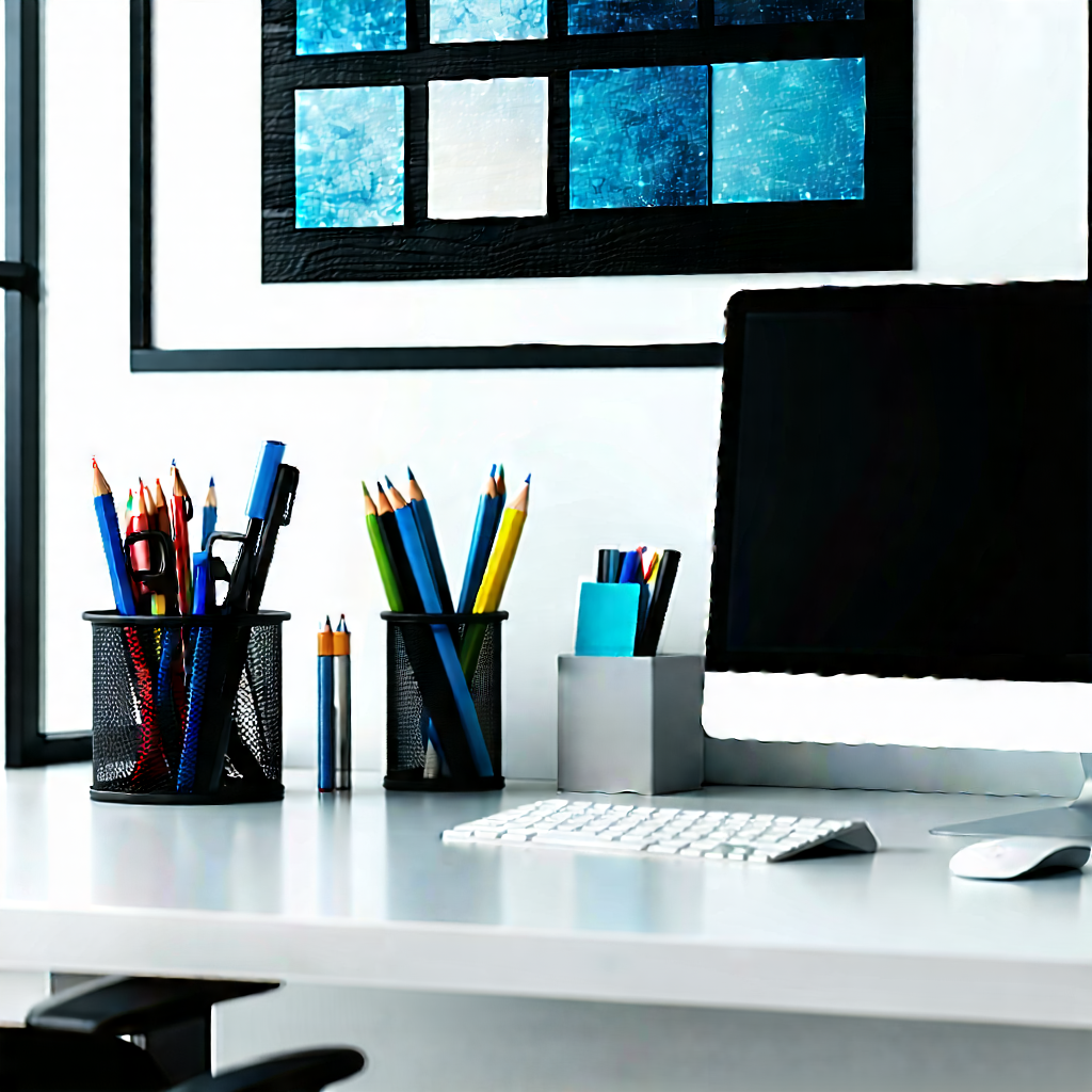 Business Blender Artwork: Workplace With (modern:1.34) Office Supplies On Desk With White Desk