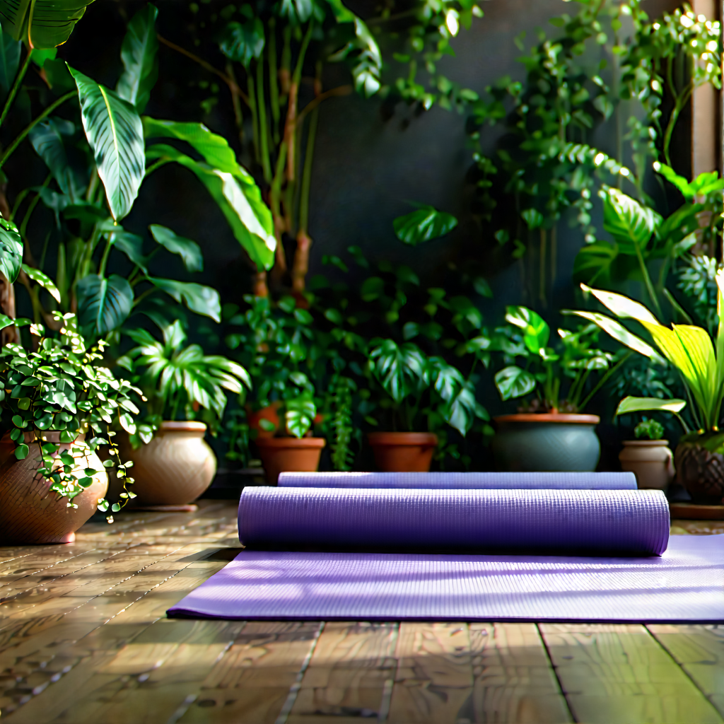 Lifestyle Hdr Photography: Wellness Scene With Yoga Mat And Plants With Purple Yoga