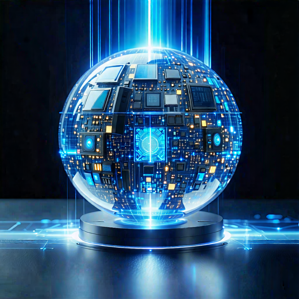 Tech Professional Photography: Quantum Computer With Laser Scanning With Large, Blue,