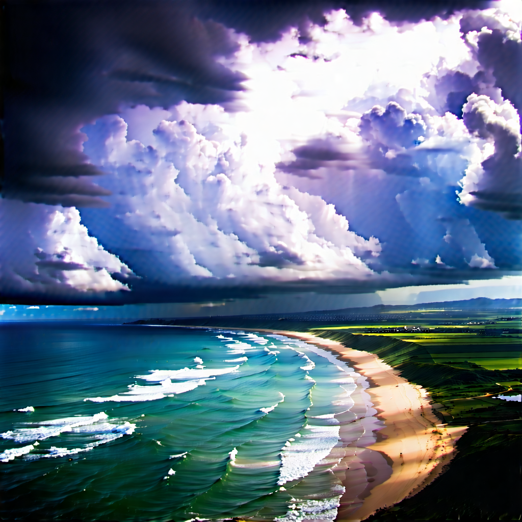 Nature Aerial Photography: (dramatic:1.36) clouds over coastline
