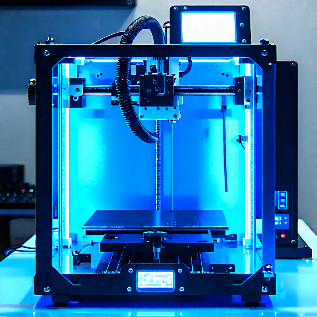 Tech Editorial Photography: 3d Printer With Blue Light Glow With Blue Printer