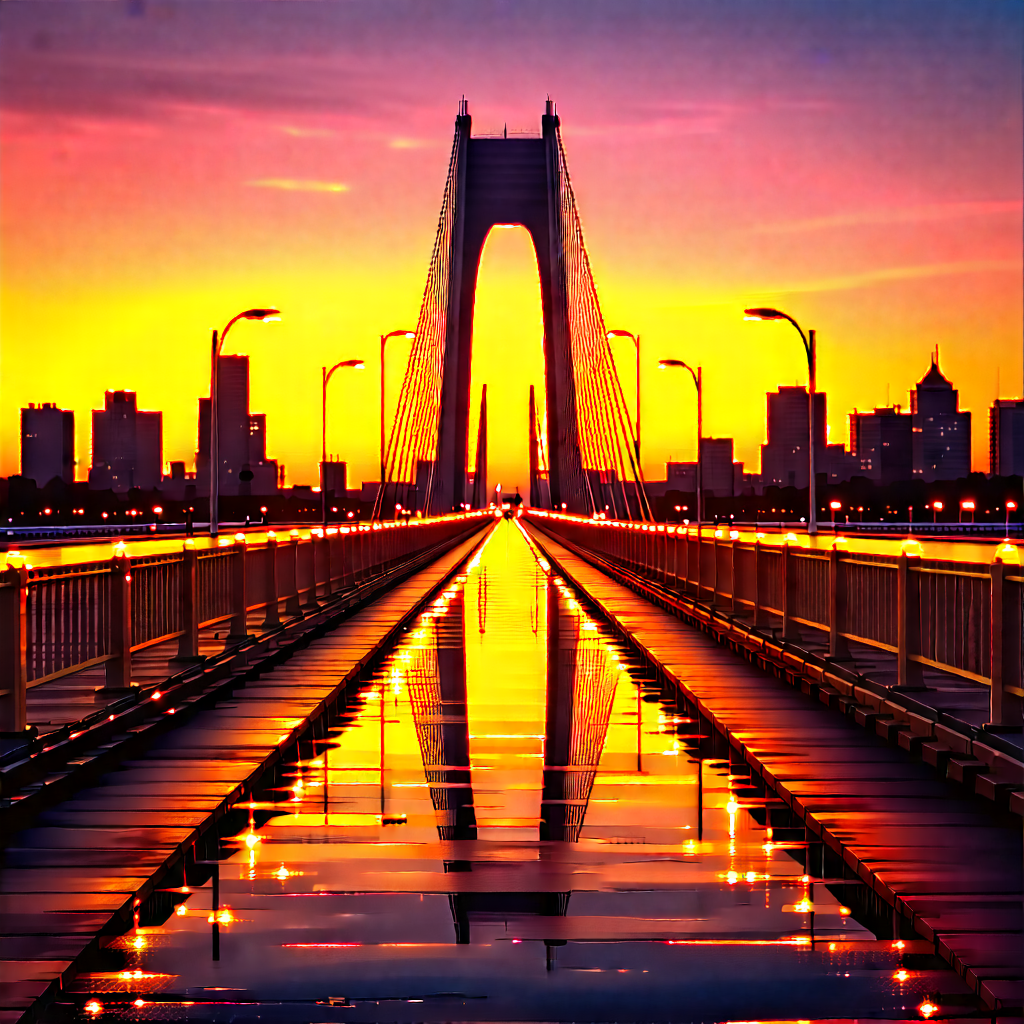 Urban Low Poly: Iconic Bridge With Sunset Glow With Long Bridge