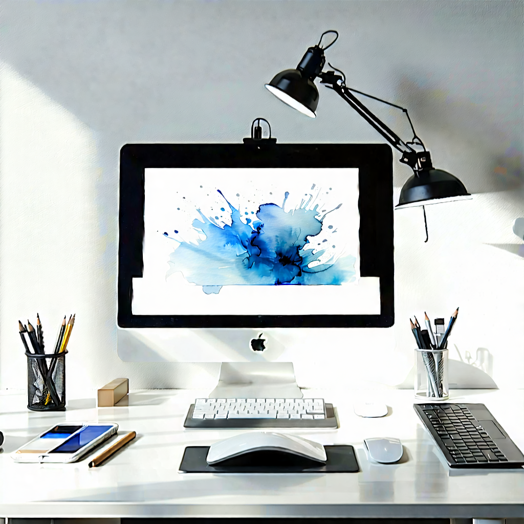 Business Gouache Painting: Workplace With Digital Devices On Desk With Desk Computer