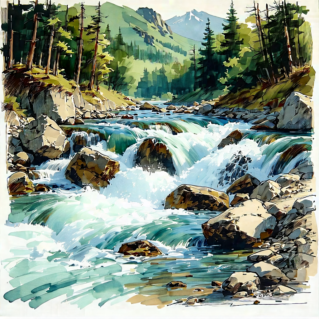 Nature Ink Drawing: Rushing River Surrounded By Rocky Shores With Beautiful Waterfall