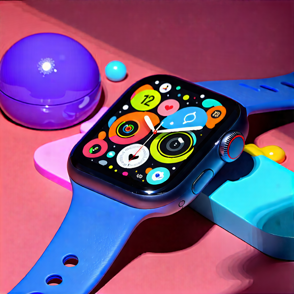 Tech Flat Design: Smart Watch With Streaming Content With Blue Apple