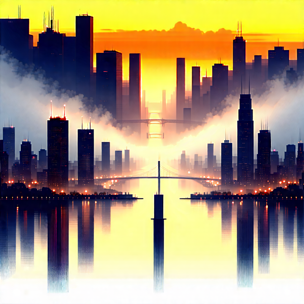 Urban Woodcut Print: Cityscape Of Modern Metropolis During Foggy Morning With Painting Cityscape