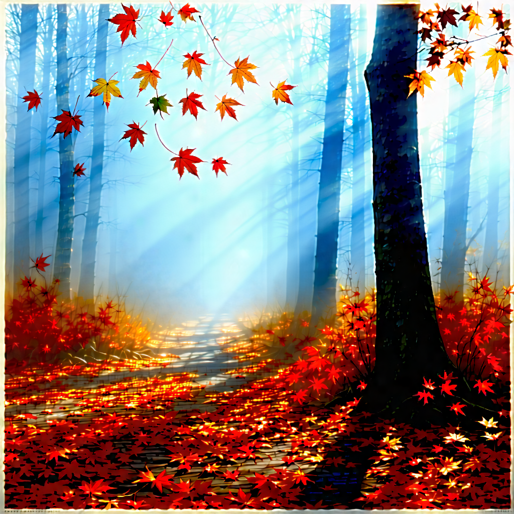 Nature Woodcut Print: Autumn leaves in misty environment